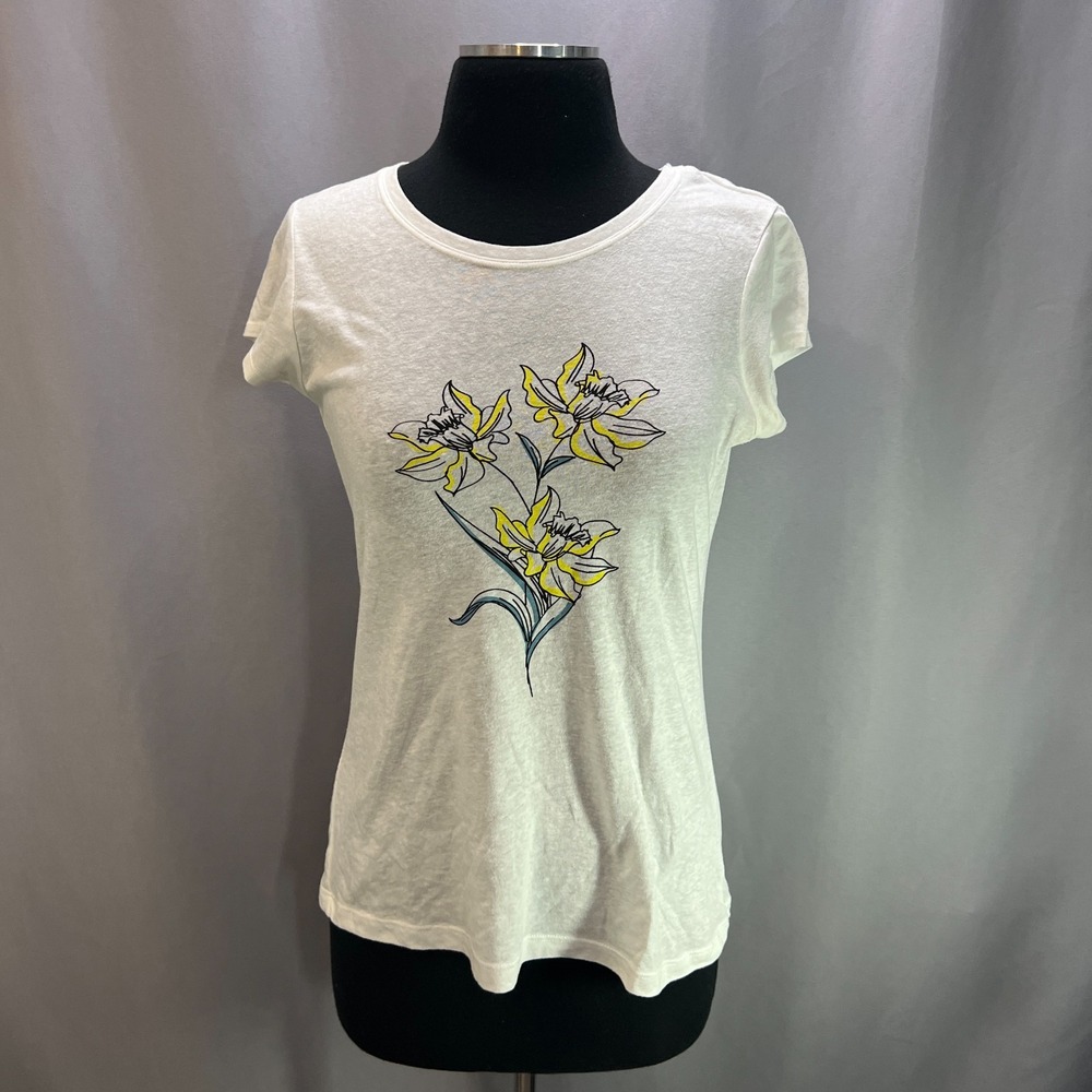 Tahari Essential T Shirt Womens Small White Floral Print Cap Sleeve Crew Neck